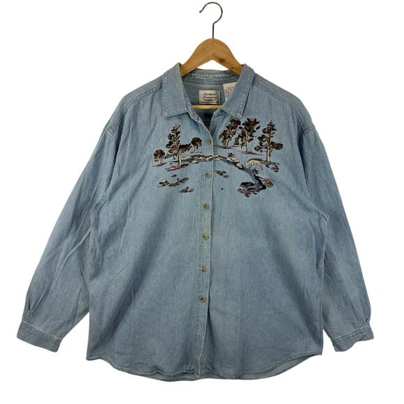 Vintage Northern Treasures Denim Shirt River Nature Embroidery Artsy Boho Sz XL - Picture 1 of 13